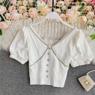 V-neck Rhinestone-detail Short-sleeve Blouse
