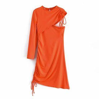 Long-sleeve One-shoulder Drawstring Cutout Knit Sheath Dress