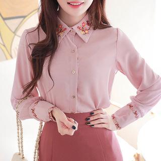 Flower-embroidered Wide-cuff Blouse
