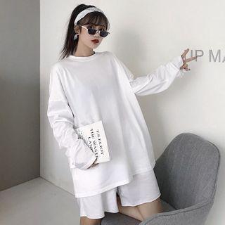 Long-sleeve Plain T-shirt / Plain Band-waist Shorts