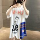Contrast Color Panel Lettering Elbow-sleeve T-shirt Dress