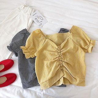 Color-block Plaid Frilled Flare-sleeve Blouse