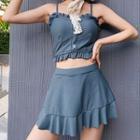 Set: Ruffled Spaghetti-strap Swim Top + Shorts + Skirt