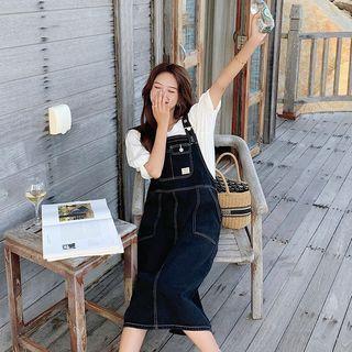 Set: Puff-sleeve Top + Denim Midi A-line Overall Dress