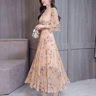 Floral Elbow-sleeve A-line Midi Chiffon Dress