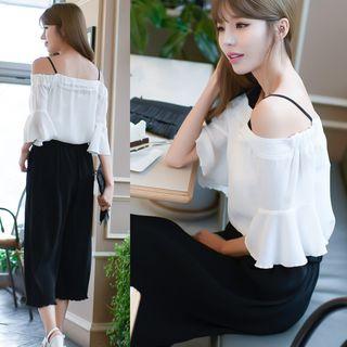Set: Off-shoulder Strap Top + Wide Leg Pants