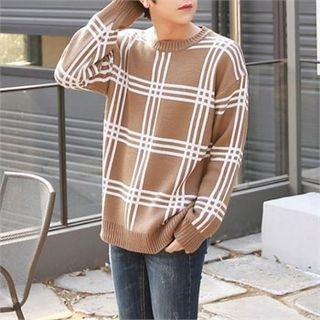 Drop-shoulder Checked Sweater