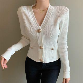 Long-sleeve Buttoned Knit Top White - One Size