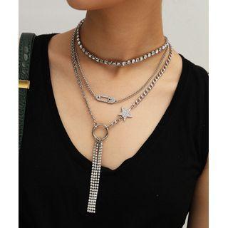 Rhinestone Alloy Layered Choker Necklace 0671 - Silver - One Size