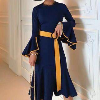 Lace Panel Flared-sleeve Ruffle Hem Sheath Dress