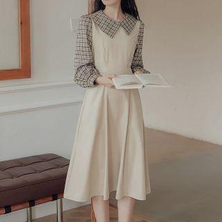 Long-sleeve Plaid Panel Collared A-line Dress