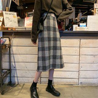 Plain Mock Turtleneck Sweater / Plaid Midi A-line Skirt