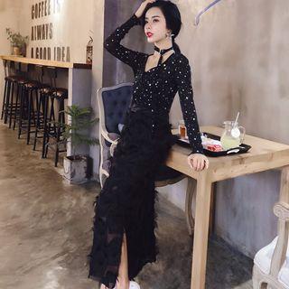 Set: V-neck Sequined Top + Fringe Trim Midi Skirt + Plain Bandeau Top