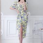 Short-sleeve Floral Tie-waist Midi Bodycon Dress