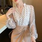 Stand Collar Lace Panel Dotted Placket Shirt