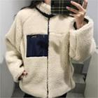 Contrast-trim Fleece Jacket Ivory - One Size