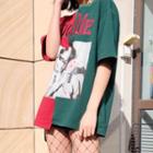 Embroidered Print Colour Block Short-sleeve T-shirt