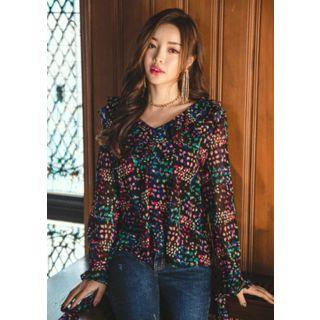 V-neck Ruffled Patterned Chiffon Blouse