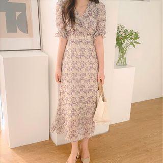 Short-sleeve Floral Print A-line Dress Floral Print - White - One Size