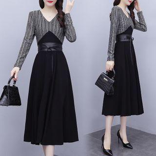 V-neck Mock Two-piece Midi A-line Dress