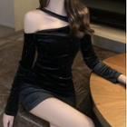 Long-sleeve Cold Shoulder Glitter Velour Mini Sheath Dress