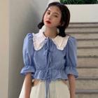 Puff-sleeve Peter Pan-collar Tie-strap Cropped Blouse