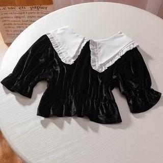Puff-sleeve Ruffle Collar Velvet Blouse Black - One Size