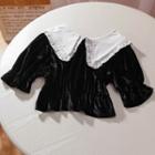 Puff-sleeve Ruffle Collar Velvet Blouse Black - One Size