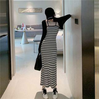 Plain Cardigan / Spaghetti Strap Striped Maxi Sheath Dress