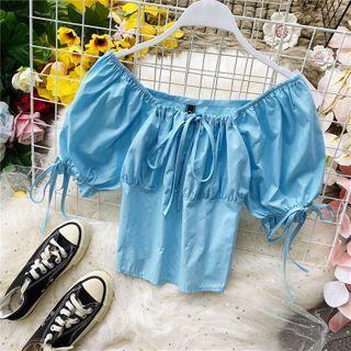 Bow-detail Puff-sleeve Plain Blouse