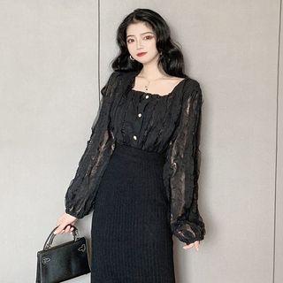 Lantern-sleeve Ruffled Lace Blouse