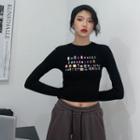 Long-sleeve Number Print Cropped T-shirt
