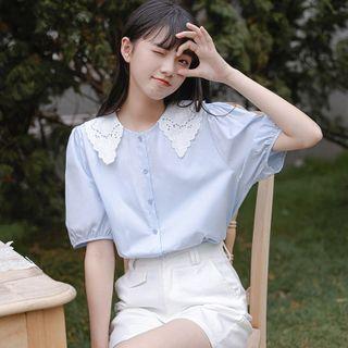 Puff-sleeve Lace Round-neck Blouse