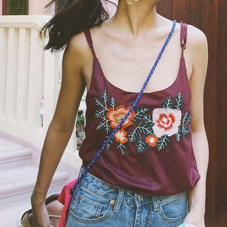 Faux Suede Floral Embroidered Strappy Top