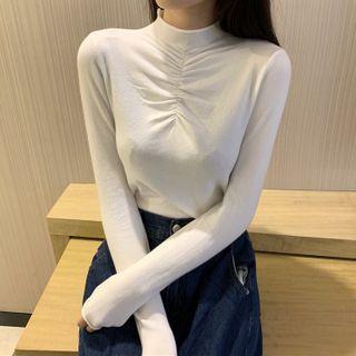 Mock-turtleneck Shirred Knit Top