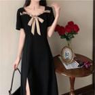 Short-sleeve Two-tone Bow-accent Slim-fit Dress