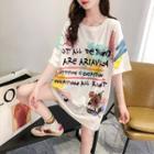 Elbow-sleeve Floral Print Tunic T-shirt White - One Size