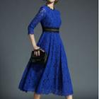 Contrast Trim 3/4 Sleeve Midi Lace Dress