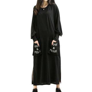 Lettering Long-sleeve Maxi T-shirt Dress