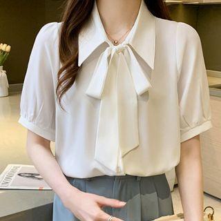 Elbow-sleeve Ribbon Tie-neck Blouse
