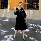 V-neck Woolen Ruffle Button-up A-line Dress