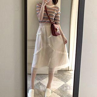 Set: Elbow Sleeve Striped Knit Top + Frilled Trim Midi A-line Skirt