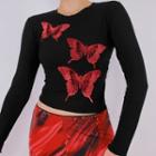 Butterfly Printed Long Sleeve Cropped Top