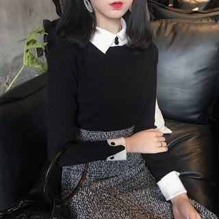Color-block Lapel Slim-fit Knit Top