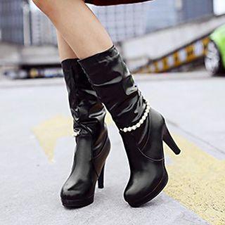 Faux Pearl High Heel Mid-calf Boots