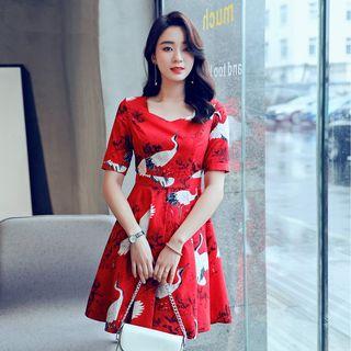Crane Print Short Sleeve A-line Dress