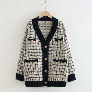 V-neck Check Loose-fit Cardigan