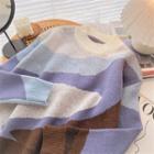 Long-sleeve Color Block Sweater Blue & Coffee - One Size