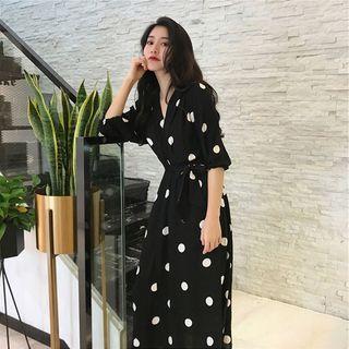 V-neck Balloon-sleeve Dotted Midi A-line Dress