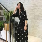 V-neck Balloon-sleeve Dotted Midi A-line Dress